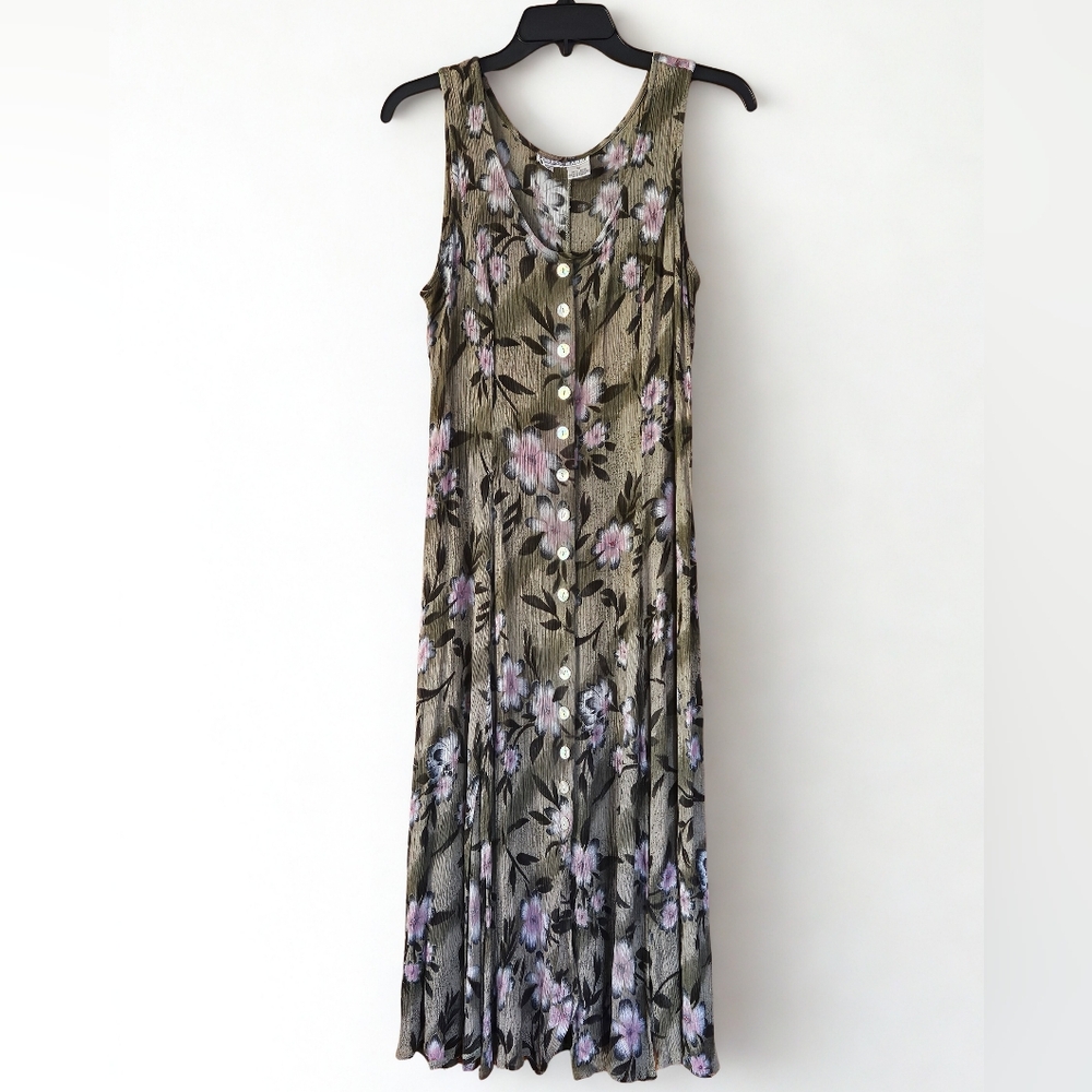 Dress Barn Vintage Floral Button-Down Midi Dress - Purple and Sage Size 12